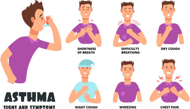 stockillustraties, clipart, cartoons en iconen met astma symptomen met hoesten cartoon persoon. astmatische problemen vector infographic - choking