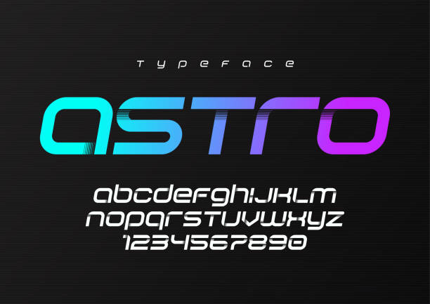 Astro futuristic minimalist display font design, alphabet, typef Astro futuristic minimalist display font design, alphabet, typeface, letters and numbers, typography. Swatch color control. copy space stock illustrations