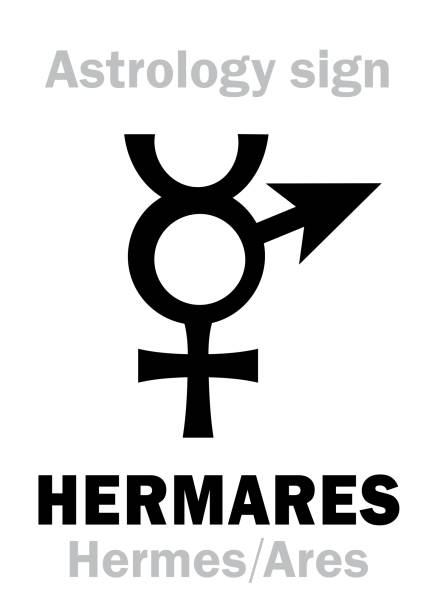 Astrology Alphabet: HERMARES (Hermes+Ares), Local Ancient Greek sacral dual deity of cunning and aggression, bravery & courage. Symbol of strategy. Hieroglyphic character sign (symbol). Astrology Alphabet: HERMARES (Hermes+Ares), Local Ancient Greek sacral dual deity of cunning and aggression, bravery & courage. Symbol of strategy. Hieroglyphic character sign (symbol). images of ares god of war stock illustrations
