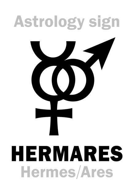 Astrology Alphabet: HERMARES (Hermes+Ares), Local Ancient Greek sacral dual deity of cunning and aggression, bravery & courage. Symbol of strategy. Hieroglyphic character sign (combined symbol). Astrology Alphabet: HERMARES (Hermes+Ares), Local Ancient Greek sacral dual deity of cunning and aggression, bravery & courage. Symbol of strategy. Hieroglyphic character sign (combined symbol). images of ares god of war stock illustrations