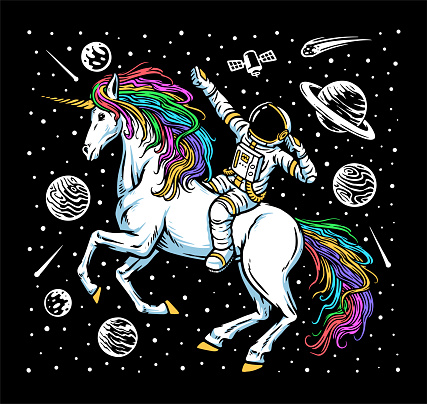 Astronaut and unicorn in space illustration