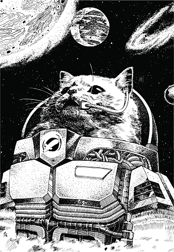 Astronaut Cat Wearing A Space Suit With Planets Floating Around Him
