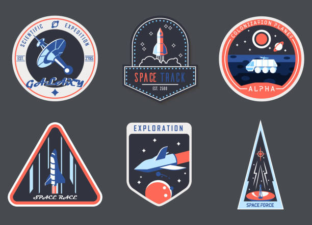 Astronaut chevron or spaceman suit patch,cosmonaut Set of isolated astronaut chevron or spaceman suit patch, cosmonaut badge. Icons for cosmos or universe exploration, planet colonization with satellite and rocket, planet rover. Space and shuttle satellites in space stock illustrations