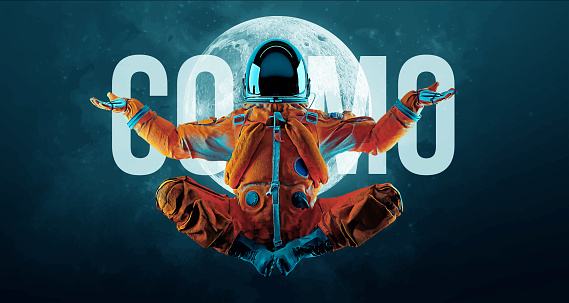 Astronaut doing yoga on the background of the moon and space. Yoga exercises. Vector illustration