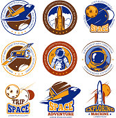 Astronaut flight, aviation, space shuttle and rockets vintage vector labels, icons, badges, emblems. Travel in galaxy, illustration travel in cosmos