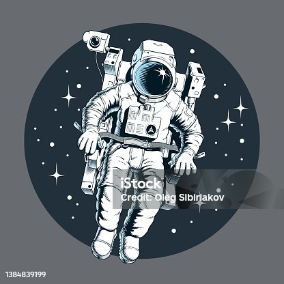 istock Astronaut flying with jetpack in outer space, stars on background. Manned maneuvering unit. Vector illustration. 1384839199