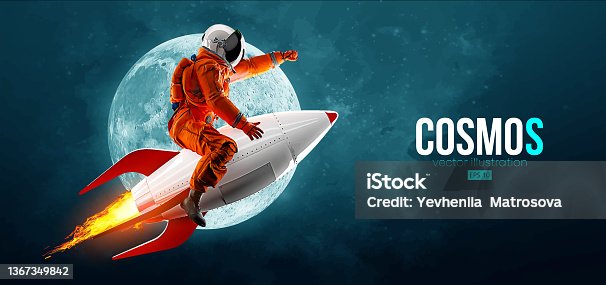 istock Astronaut on a rocket on the background of the moon and space. Vector illustration 1367349842