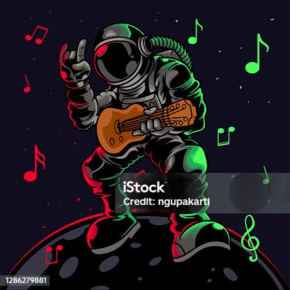 istock Astronaut playing guitar with metal symbol hand gesture. Cool dude astronauts spaceman play astro rock on electric guitar on a planet. Vector illustration for t-shirt prints, posters and other uses. 1286279881
