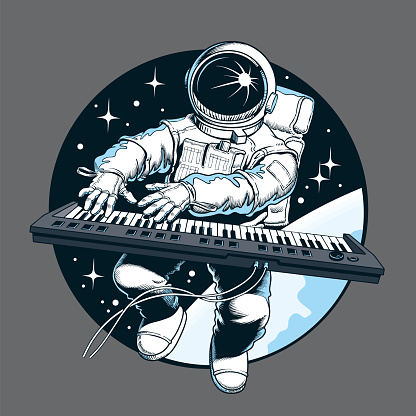 Astronaut playing piano synthesizer in space. Space tourist. Vector illustration.