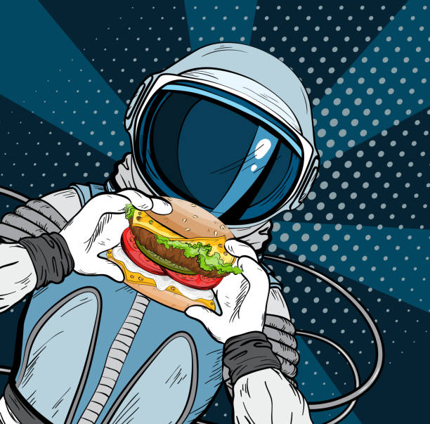 ilustrações de stock, clip art, desenhos animados e ícones de astronaut with fast food hamburger in pop art style. cosmonaut on blue background eating cheeseburger - people portugal