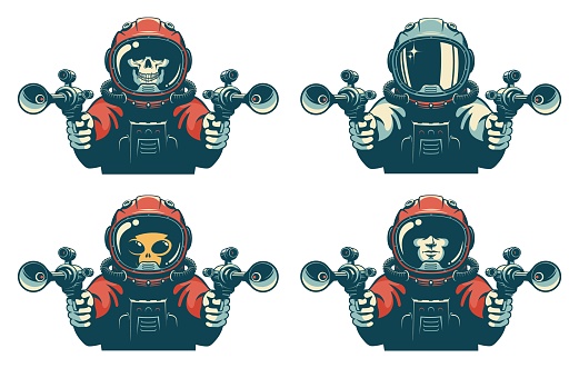 Astronaut with laser gun. Space warrior with blaster