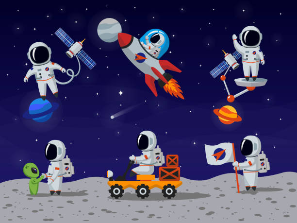 illustrazioni stock, clip art, cartoni animati e icone di tendenza di astronauti vettoriale impostare di caratteri del fumetto stile piatto - astronaut