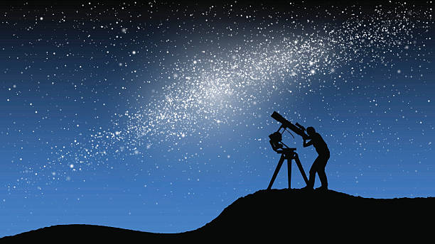 Astronomical observations Man observing galaxy trough telescope. astronomy stock illustrations