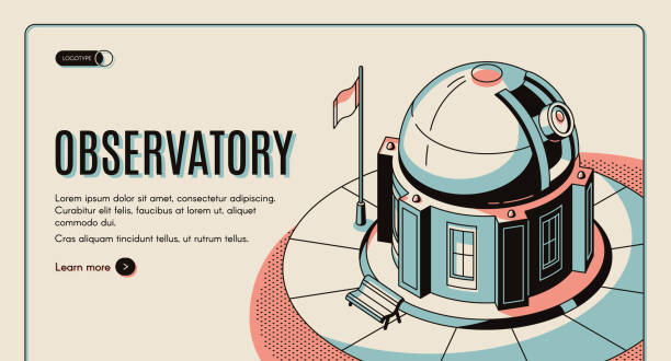 Astronomical observatory isometric vector website Astronomical observatory, scientific institution, touristic attraction isometric vector web banner, landing page template. Ground-based observatory building with optical telescope under sliding dome observatory stock illustrations
