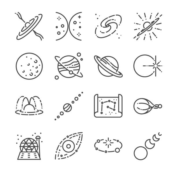 천문학 아이콘 세트입니다. 별, 우주, 우주은 하, 행성, 태양계 등으로 아이콘을 포함. - black hole stock illustrations