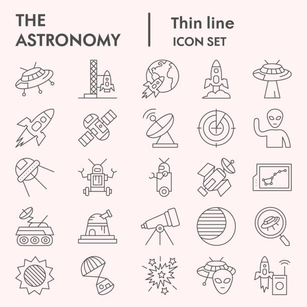 астрономия тонкая линия значок набор. вселенная объектов коллекции, вектор эскизы, логотип иллюстрации, веб-символы, линейные пиктограммы � - изучение космоса stock illustrations