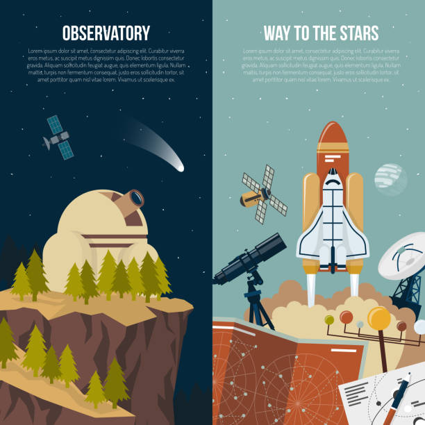 astronomy vertical banners Astronomy vertical banners with observatory in mountains composition and collection of equipment for space flights flat vector illustration observatory stock illustrations