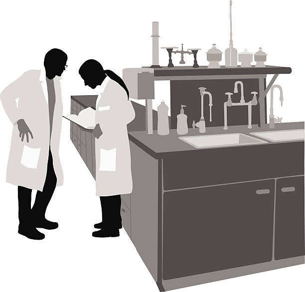 AStudents A male and female scientist discuss their findings. laboratory silhouettes stock illustrations