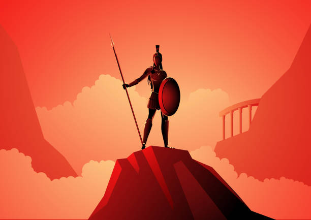 Athena The Goddess of Wisdom Greek god and goddess vector illustration series, Athena the goddess of wisdom, civilization, warfare, strength, strategy, female arts, crafts, justice and skill. armored clothing stock illustrations