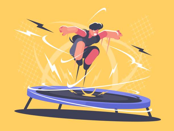 illustrazioni stock, clip art, cartoni animati e icone di tendenza di atleta che salta sul trampolino - tappeto elastico