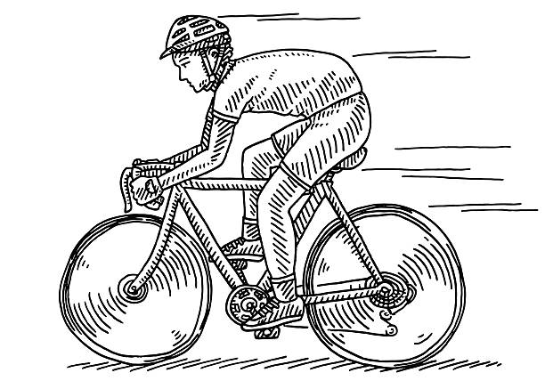 Athlete Riding Bycicle Side View Drawing Hand-drawn vector drawing of an Athlete Riding a Bycicle, Side View. Black-and-White sketch on a transparent background (.eps-file). Included files are EPS (v10) and Hi-Res JPG. cycling drawings stock illustrations