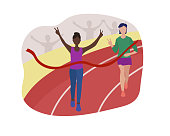 Athletes cross the finish line through a red ribbon. Running competition, marathon distance or sports jogging in the stadium. The runner is the winner. Vector flat illustration.