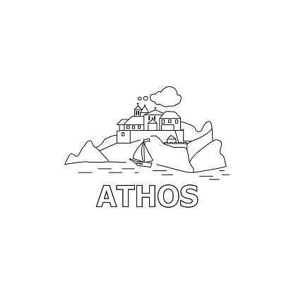 Athos skyline and landmarks silhouette black vector icon. Athos panorama. Greece