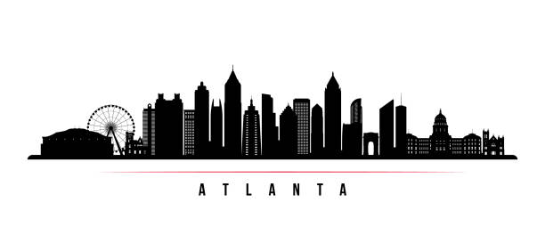 亞特蘭大城市天際線水準旗幟。美國亞特蘭大城的黑白剪影。用於設計的向量範本。 - skyline 幅插畫檔、美工圖案、卡通及圖標
