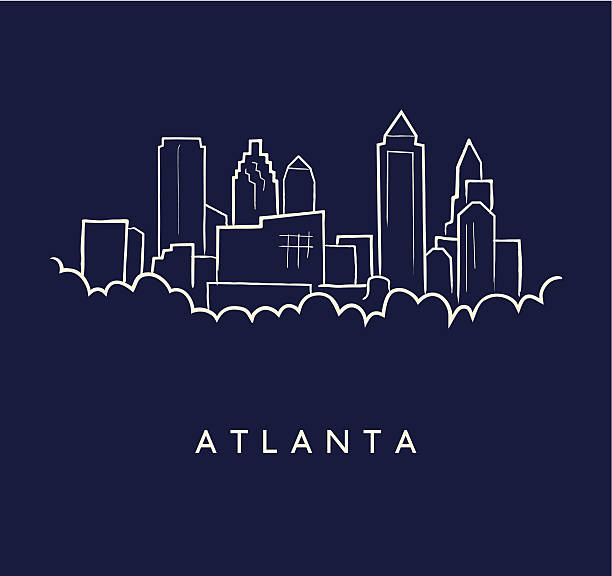 Atlanta Skyline Sketch Hand drawn sketch of the Atlanta skyline on a purple background with text below atlanta stock illustrations