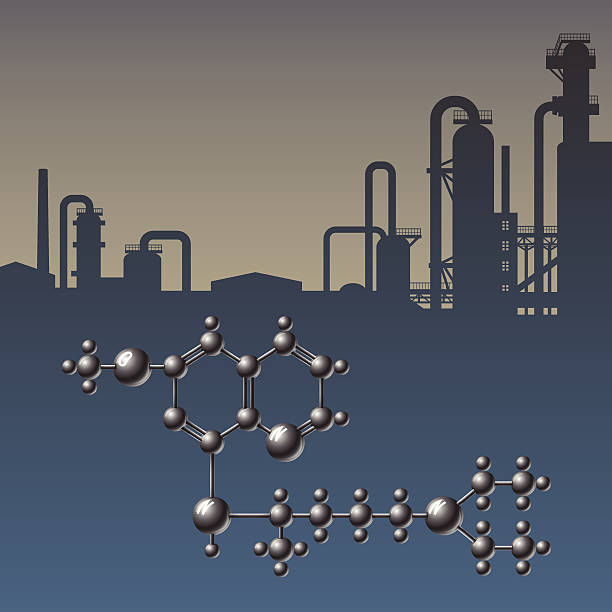 Atom industry Complex chemical scheme of molecules on industrial background vector illustration laboratory silhouettes stock illustrations