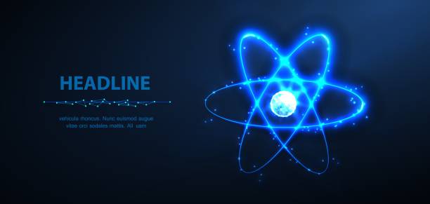 Atom. Abstract vector 3d phisics molecule atom model isolated on blue. Chemistry science, research atomic power, scientific education concept. Molecular structure, quantum laboratory symbol or icon. quantum physics stock illustrations