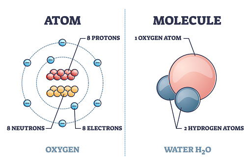 Atom vs molecule structural differences with oxygen and water outline diagram