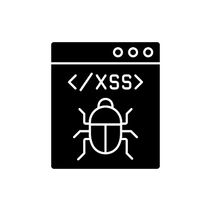 XSS attack black glyph icon. Cross site scripting. Software attack. Client side code injection. Malware computer damage. Silhouette symbol on white space. Vector isolated illustration