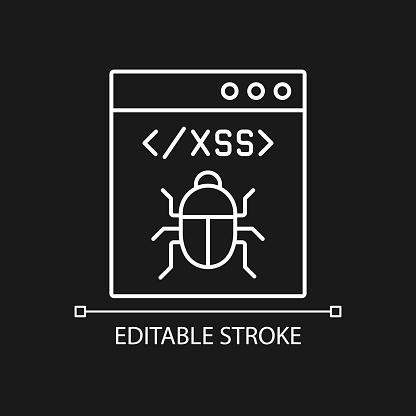 XSS attack white linear icon for dark theme. Cross site scripting. Thin line customizable illustration. Isolated vector contour symbol for night mode. Editable stroke. Arial font used