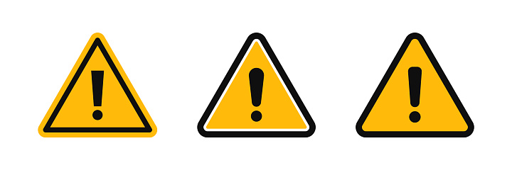 Attention icon set. Warning sign. Hazard warning symbol. Set of black and yellow triangular signs with exclamation mark. Vector illustration