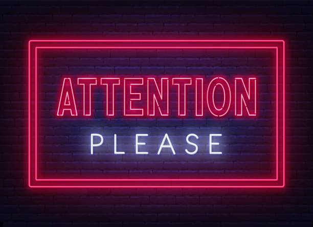Attention please neon sign on dark background. Attention please neon sign on dark background. Vector illustration. concentration stock illustrations