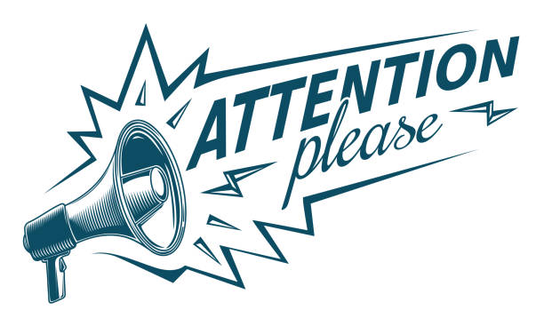 Attention please - sign with megaphone decorative vector artwork announcement message stock illustrations