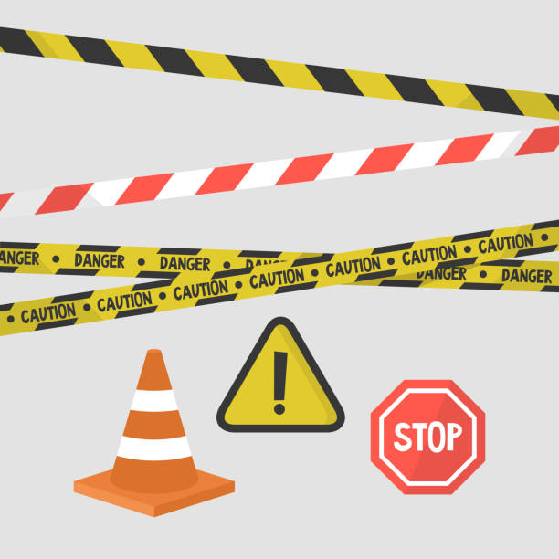 Attention signs set. Police tapes, road signs and equipment / flat editable vector illustration, clip art  crime scene stock illustrations