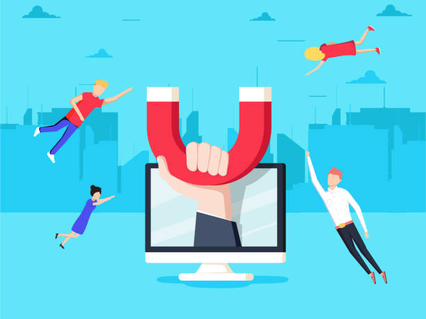Attracting online customers. Hand with magnet attract people and money in screen. Commercial campaign Attracting online customers. Hand with magnet attract people and money in screen. Customer retention strategy, Digital inbound marketing, Customer attraction flat vector banner. traffic stock illustrations