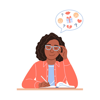 Attractive black woman writes journal concept. Young flat sitting afro girl portrait plans in organizer, draws creative pages or diary, writes plans, aims, ideas, notes. Cartoon vector illustration.