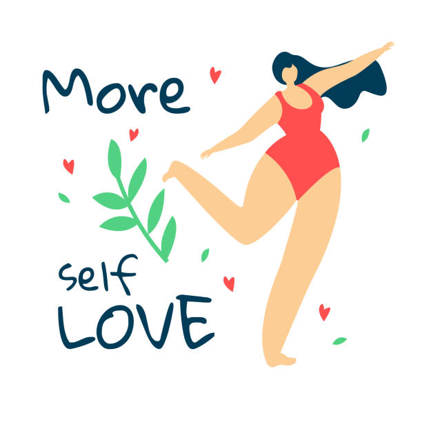 Attractive Overweight Woman in Red Swimwear Dance More Self Love. Body Positive Movement. Attractive Overweight Woman with Long Hair Dressed in Red Swimwear Dance on White Background with Green Brunch and Leaves. Cartoon Flat Vector Illustration. cartoon of fat lady in swimsuit stock illustrations