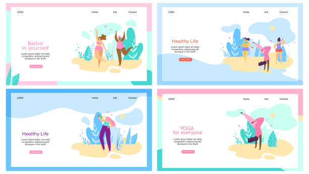 Attractive Overweight Women Healthy Lifestyle Set Set of Horizontal Banners with Copy Space. Plus Size Girls Doing Yoga, Cardio, Fitness and Gymnastics. Body Positive. Attractive Overweight Women Healthy Lifestyle. Cartoon Flat Vector Illustration, cartoon of fat lady in swimsuit stock illustrations