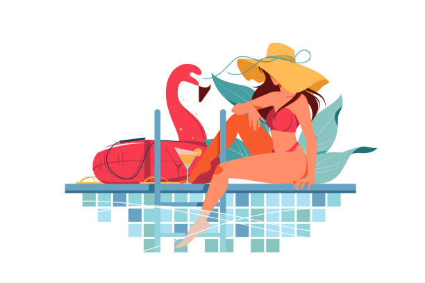 Attractive young woman silhouette with hat near pool drinking fresh. Attractive young woman silhouette with hat near pool drinking fresh orange smoothie near rubber ring flamingo. Isolated beauty girl concept relaxing near water on summer trip. Vector illustration. smoothie silhouettes stock illustrations