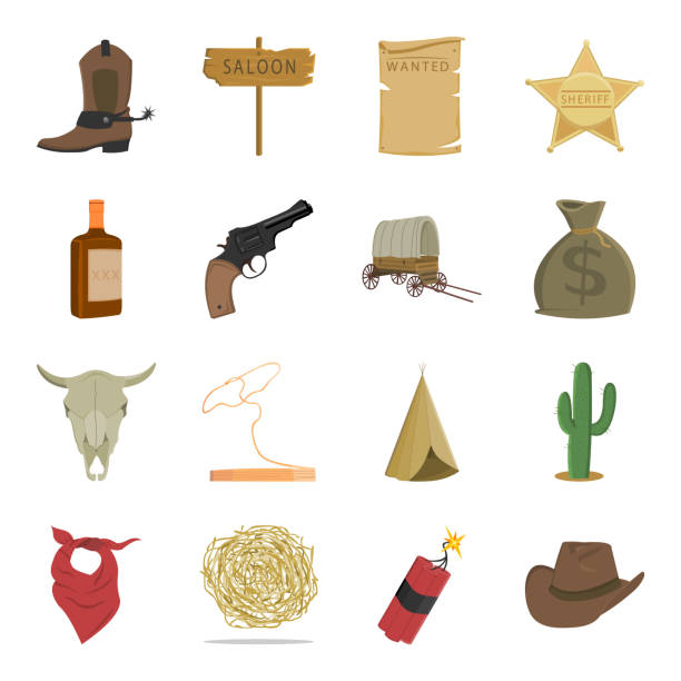 Attributes of the wild west cartoon icons in set collection for design.Texas and America vector symbol stock web illustration. Attributes of the wild west cartoon icons in set collection for design.Texas and America vector symbol stock  illustration. desert area icons stock illustrations