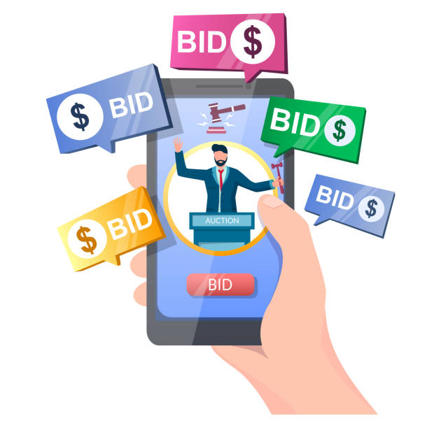 Auction online vector concept for web banner, website page Auction online, vector illustration. Hand holding smartphone with auctioneer, gavel, bid button on screen and bidder messages. Auction and mobile bidding concept for web banner, website page etc. auction stock illustrations