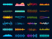 Audio waveform signals, wave song equalizer, stereo recorder sound visualization. Soundtrack signal spectrum and studio melody beat vector frequency meter concept on dark background