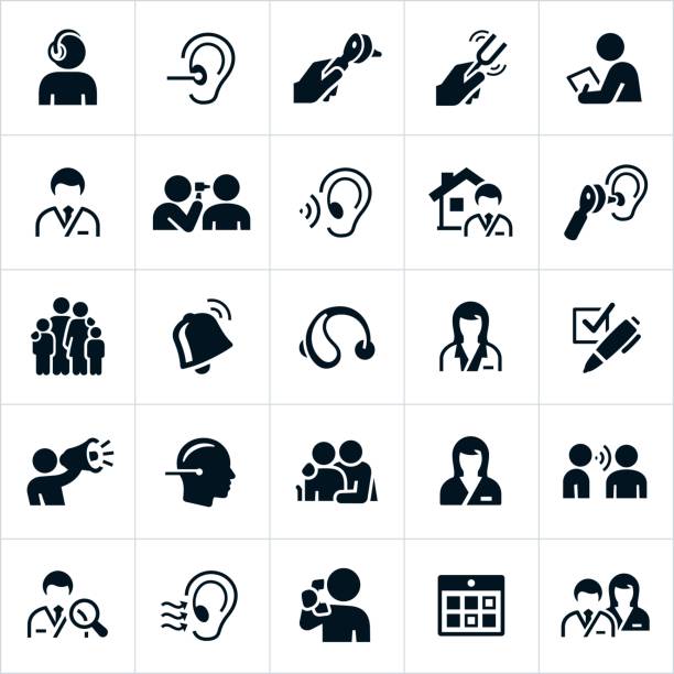 Audiology and Hearing icons An icon set of audiology themes. The icons include audiologists, audiology, audiology testing, medical exam, otoscope, hearing aid and other related themes. hearing aids stock illustrations