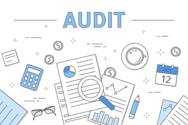 Audit concept illustration. Audit concept illustration. Desk with documents, calculator and magnifyer. audit stock illustrations