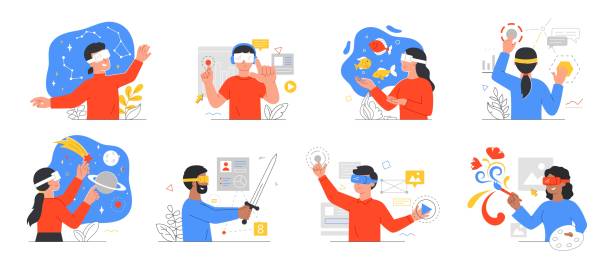Augmented reality application designs with people wearing 3d goggles Augmented reality application designs with people wearing 3d goggles or headsets in virtual surroundings or using virtual screens for business, set of flat cartoon outline colored vector illustration virtual reality simulator illustrations stock illustrations