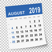 August 2019 calendar isolated on a blank background. Need another version, another month, another year... Check my portfolio. Vector Illustration (EPS10, well layered and grouped). Easy to edit, manipulate, resize or colorize. Please do not hesitate to contact me if you have any questions, or need to customise the illustration. http://www.istockphoto.com/portfolio/bgblue